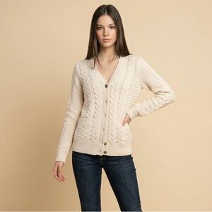 GAP Cream Cable Knit V-Neck Button Cardigan